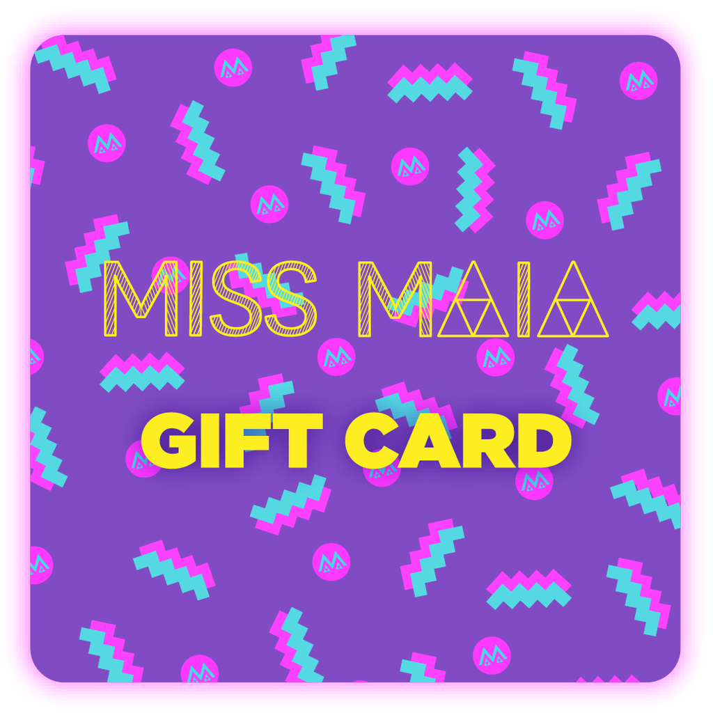 MISS MAIA gift card - bright graphic designs in purple, pink and turquoise
