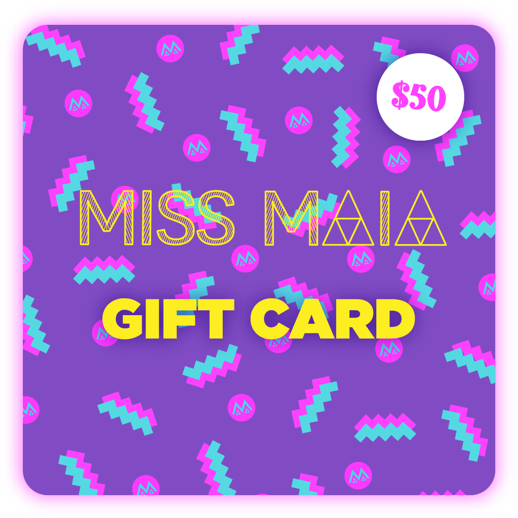 MISS MAIA $50 gift card - bright graphic designs in purple, pink and turquoise