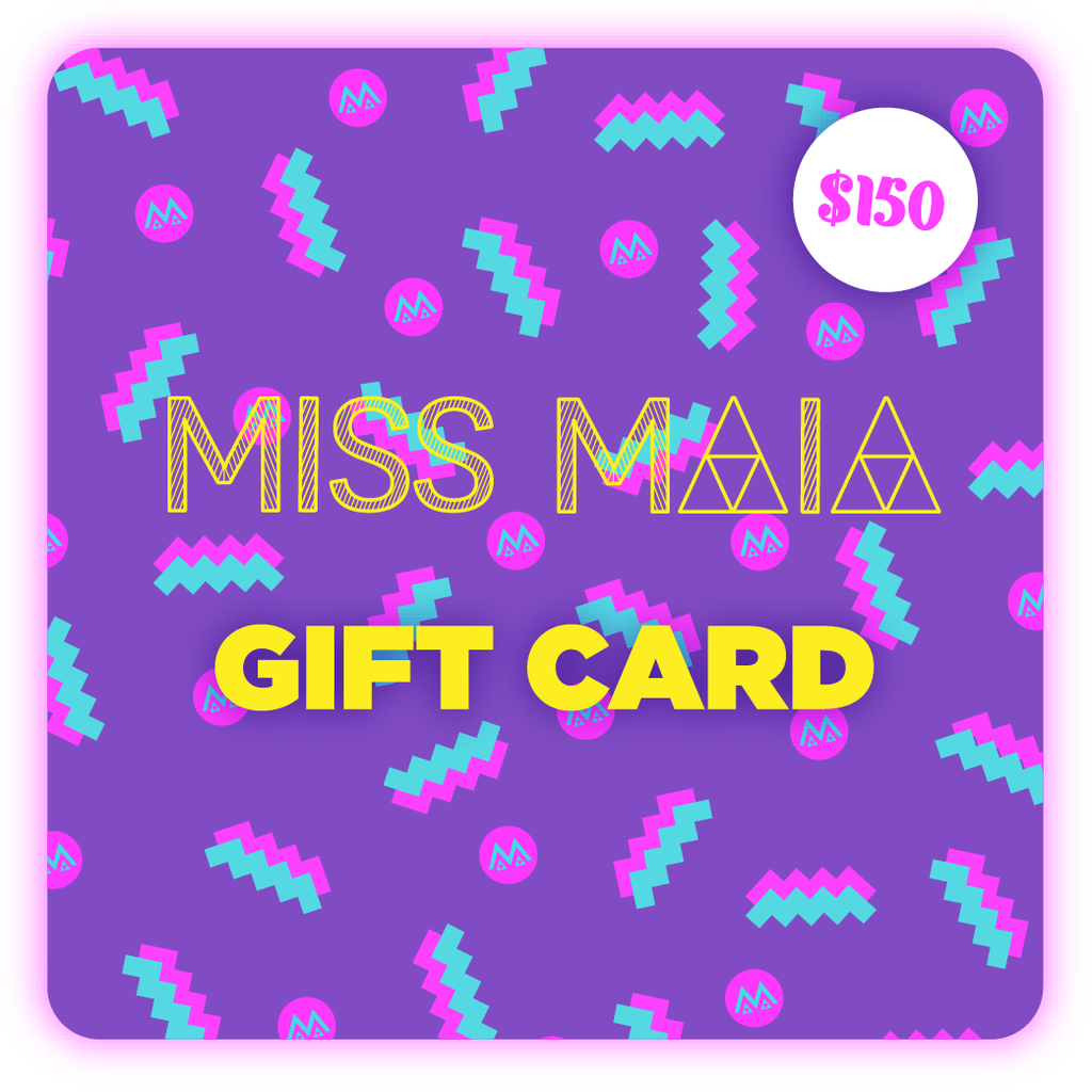 MISS MAIA $150 gift card - bright graphic designs in purple, pink and turquoise