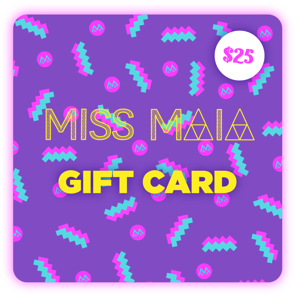 MISS MAIA $25 gift card - bright graphic designs in purple, pink and turquoise