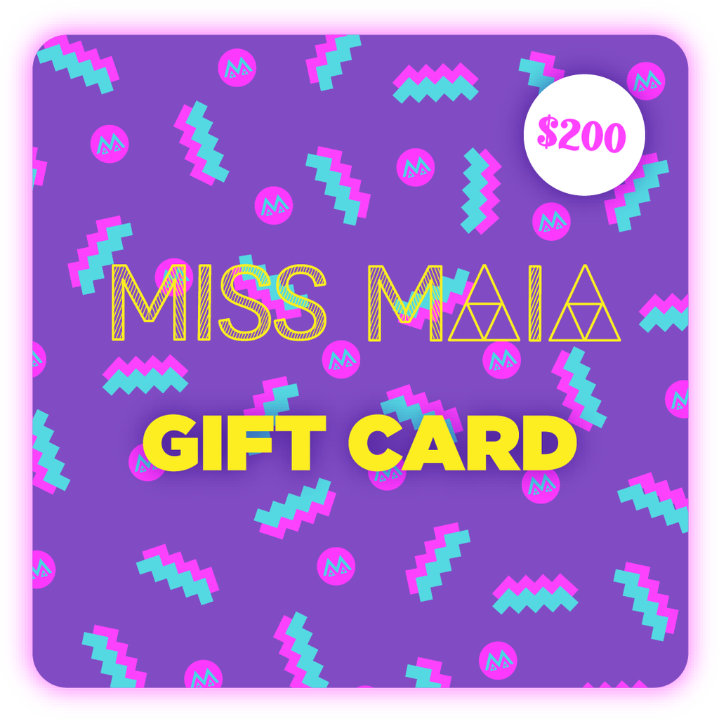 MISS MAIA $200 gift card - bright graphic designs in purple, pink and turquoise